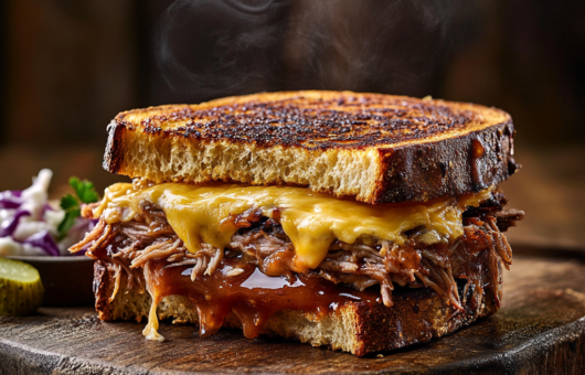 Toasted sandwich filled with juicy BBQ pulled pork and melted cheese