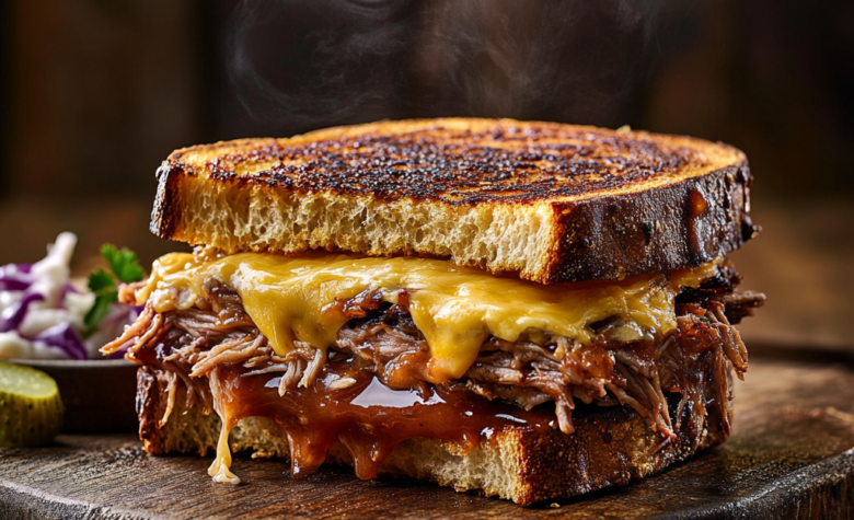 Toasted sandwich filled with juicy BBQ pulled pork and melted cheese