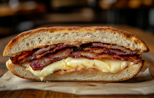 Brie and bacon toastie with melted cheese and crispy smoked bacon inside golden sourdough bread, served on parchment paper