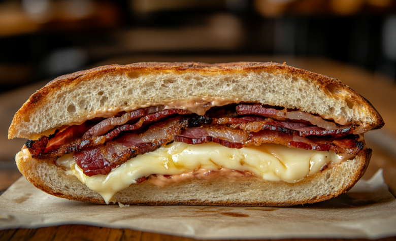 Brie and bacon toastie with melted cheese and crispy smoked bacon inside golden sourdough bread, served on parchment paper